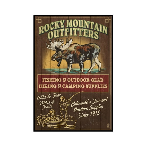 Rocky Mountain - Moose Outfitters - Vintage Sign - Lantern Press Poster (12x18 Framed Gallery Wrapped Stretched Canvas)