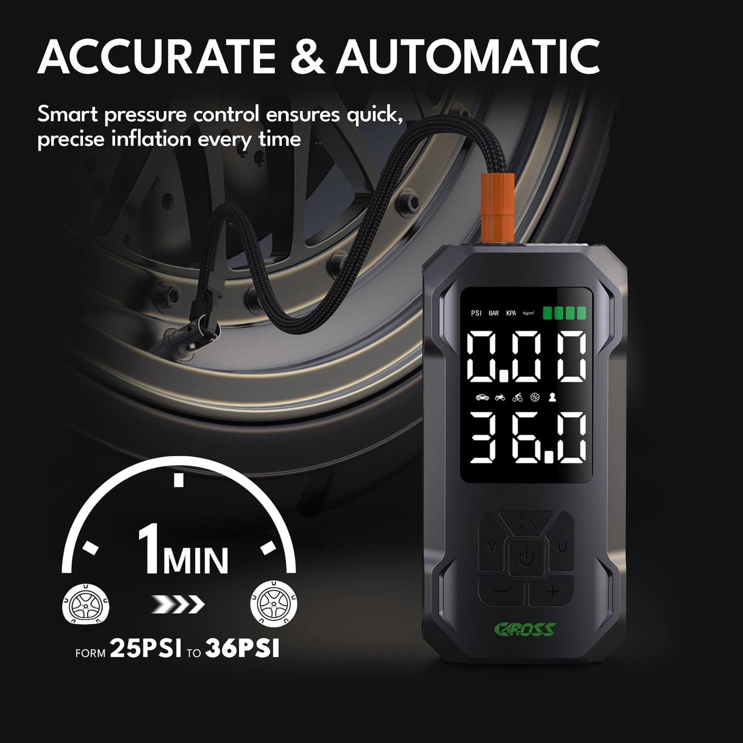 CAROSS Combo 150-PSI Portable Air Compressor and 7,500-mAh Portable Power Bank with Digital Display, LED Light, Adapter Nozzles, and Cloth Bag