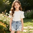 thumbnail image 2 of Girls Floral Lace Denim Shorts, Partial Elastic Waist Frayed Raw Hem Light Washed Jean Shorts, Cute Casual Summer Kids Bottoms for Daily Wear(Blue,8-9 Years), 2 of 9
