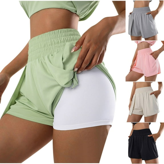 USSUMA Womens Shorts Casual Solid Color Pull-on Loose BreAthable Quick Dry Elastic High Waist Gym Shorts Lounge with Pocket Sports Delightful Shorts Fitness Running Shorts for Women Beige L