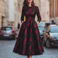thumbnail image 2 of Women’s Black Satin Midi Dress Round Neck Three Quarter Sleeve Dress with Red Rose Print Hidden Side Pockets and Vintage Floral Style, 2 of 6