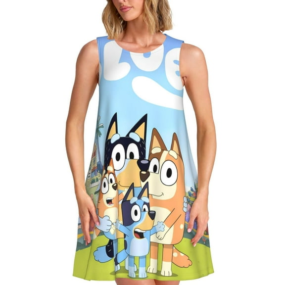 Saiise Bluey Print Women's Sleeveless Knee-Length Dress with Pockets Casual Summer Tank Dress