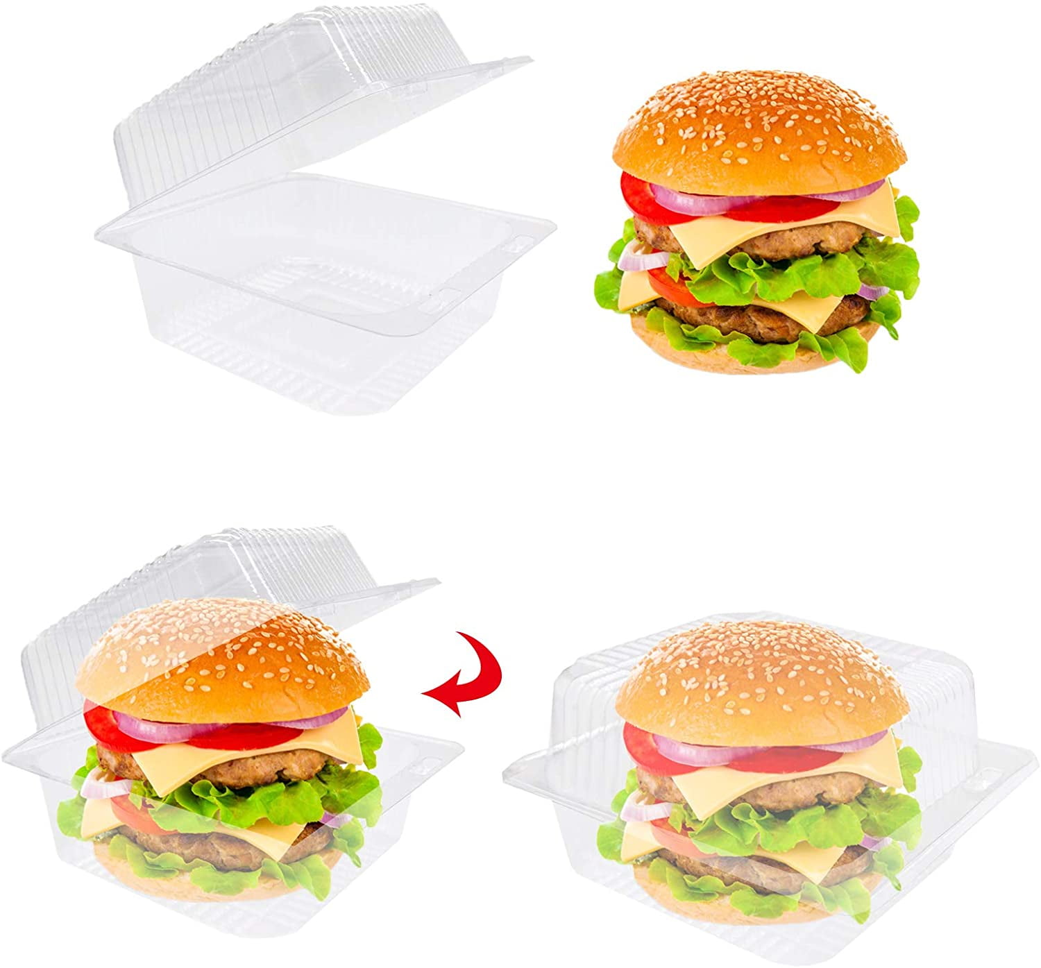Haomian 100 Pcs 5x5 Inch Clamshell Take Out Tray Take Out Containers  Plastic Hinged Food Containers Disposable Takeout Box Transparent Carry Out