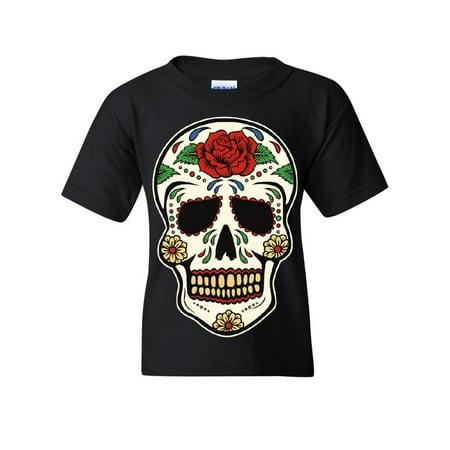 Tee Hunt Sugar Skull Calavera Youth T-Shirt Dia de Los Muertos Day of The Dead Kids Tee Black Medium