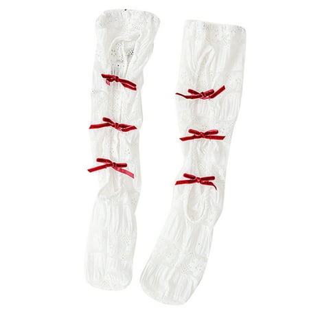

Dasbsug Women Lolita Sweet Floral Lace Calf Socks Harajuku Hollow Out Front Kawaii Ribbon Bow Princess Cotton Mid Tube Hosiery