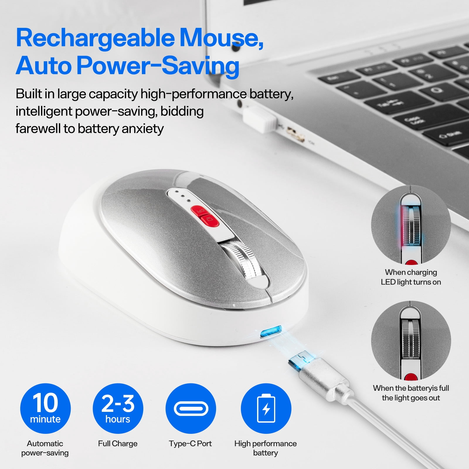 Type-C Dual Port Wireless Bluetooth Mouse, Rechargeable 2.4G/USB-C Mouse with Battery Display, for MacBook, Laptop, PC, Tablet, Phone