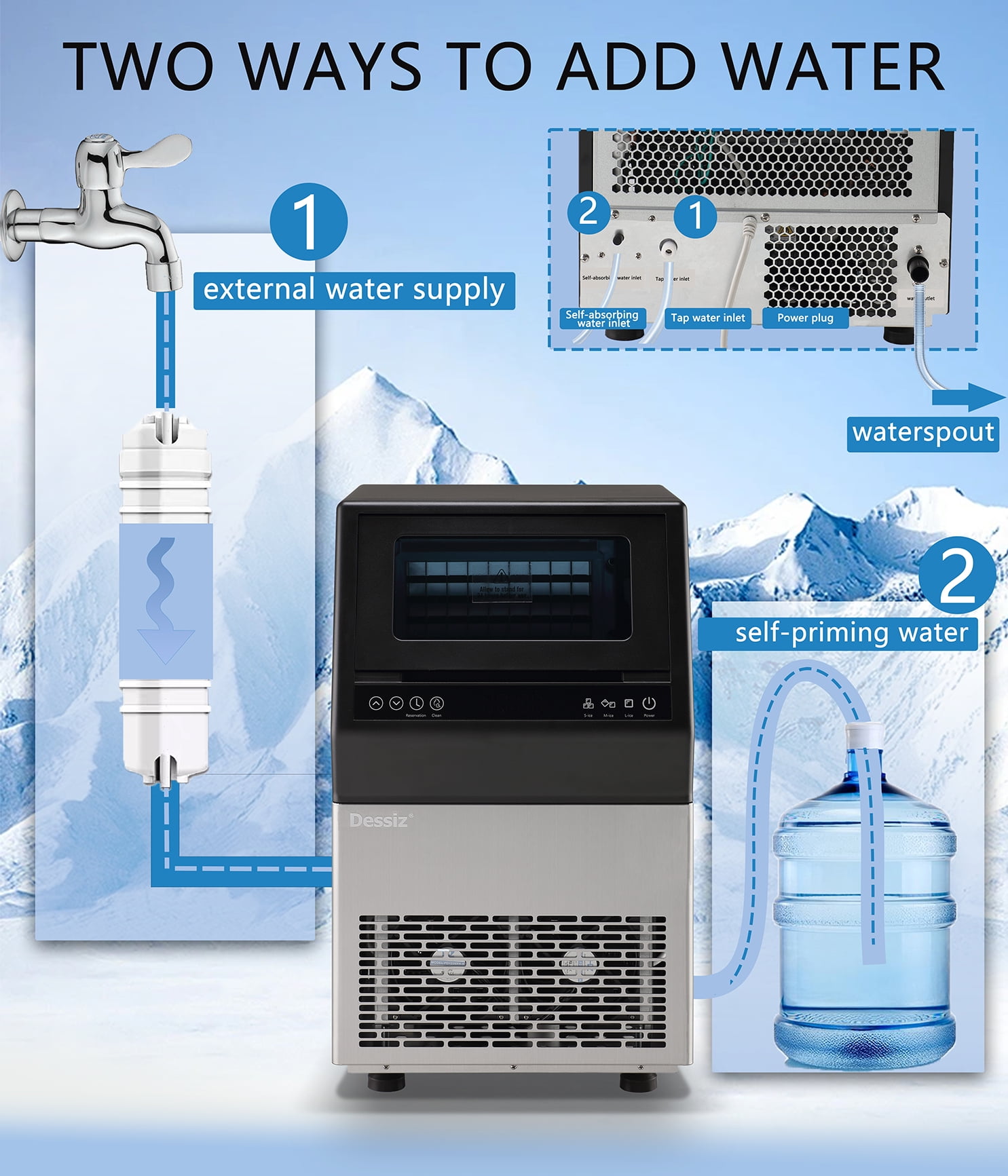 Dessiz Commercial Ice Maker Machine, 100lbs/24H and 45pcs Stainless Steel Freestanding Ice Machine, Tap Water & Top Loading Under Counter ice Maker,Self-Cleaning for Bar Office Restaurant