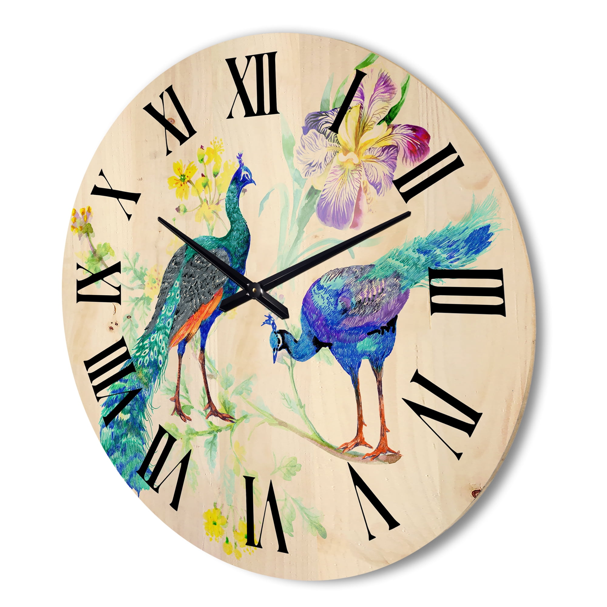 Designart 'Iris Flowers and Peacocks' Traditional Wood Wall Clock