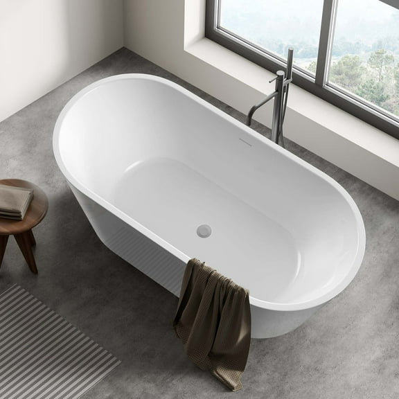 51" x 27.5" Oval Freestanding Soaking Flat Bottom Bathtub with Center Drain in Glossy White