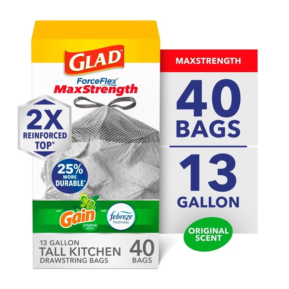 Gain ForceFlex MaxStrength Tall Kitchen Drawstring Trash Bags, 13 Gallon, Gain Original, 40 Count
