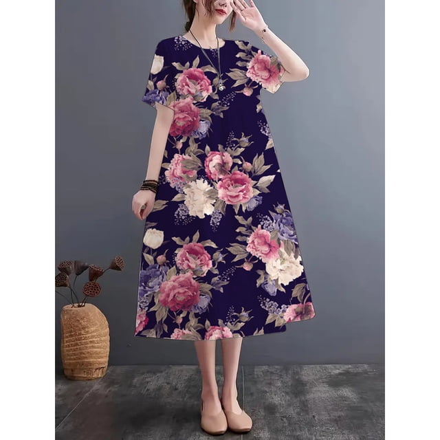 JUNWELL 2024 Nouvelle Mode Été Robe Imprimée Col Rond Manches Courtes Imitation Lin Robe Décontractée Ample Respirante et Confortable