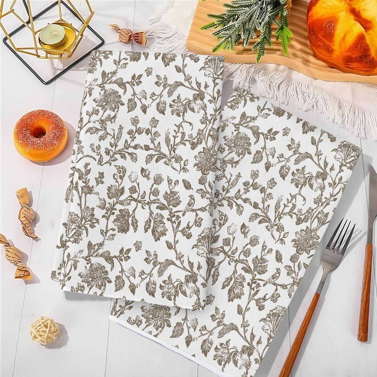 Brown Flower Microfiber Kitchen Towel, Vintage Farmhouse Boho Leaf Spring Plant Soft Absorbent Dish Towels, Quick Drying Washable Dishcloths for Kitchen Cleaning, Drying Dishes, 18x28 Inches