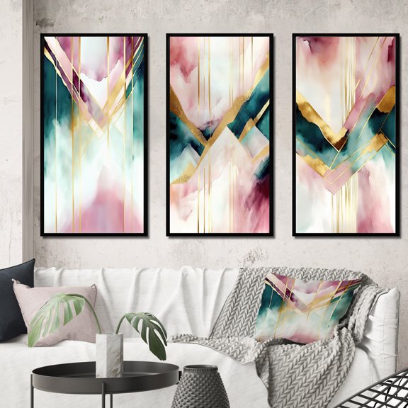 Designart "Geometric Pink and Green Geode I" Animals Framed Wall Art Set Of 3 - Pink Abstract Geometric Frame Gallery Wall Set For Home Decor
