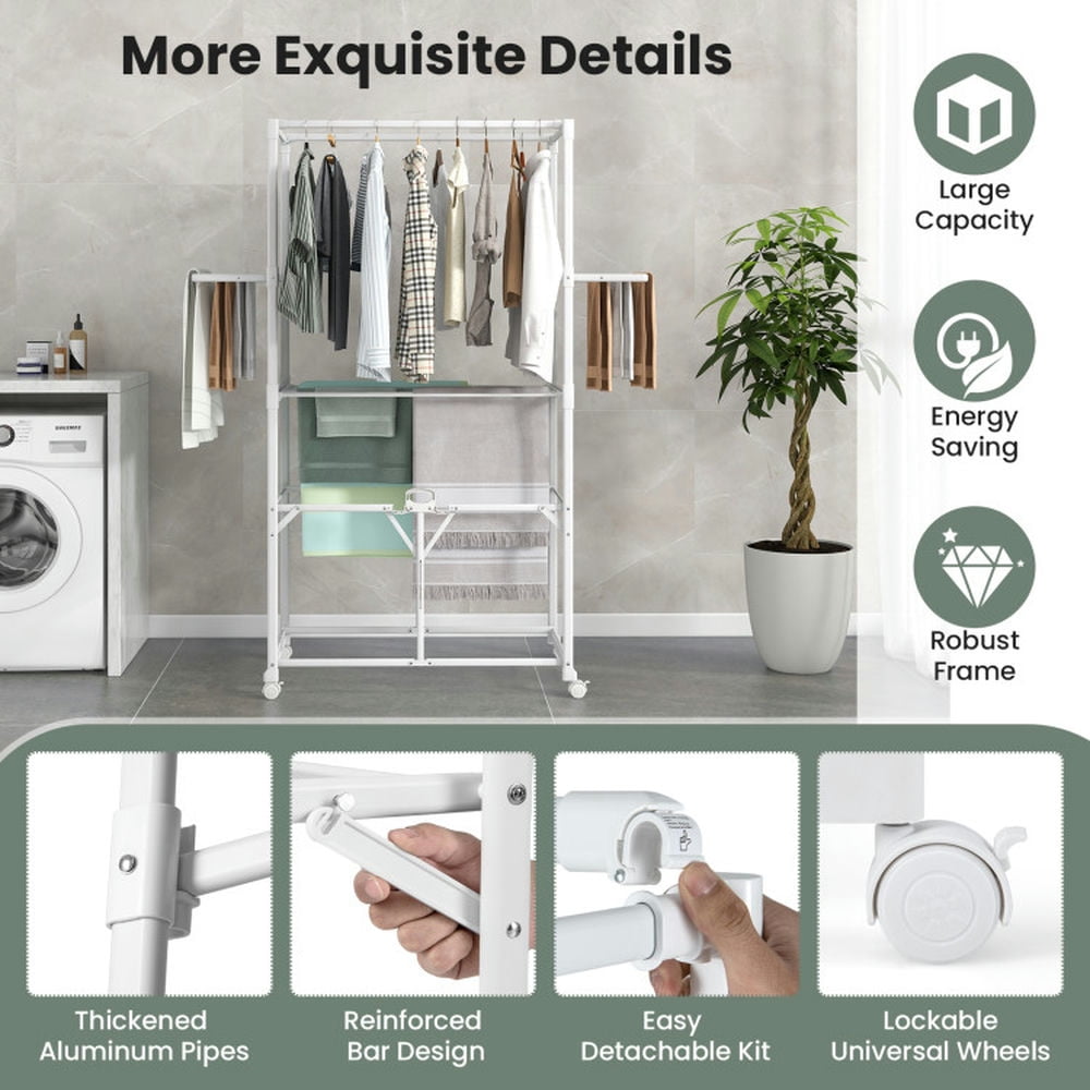 Finihen Drying Rack, Clothes Drying Rack, 68.5 Inches Foldable Aluminum Laundry Rack with Hanging Rods and Drying Shelves, for Indoor, Outdoor, White Finihen Drying Rack, Clothes Drying Rack, 68.5 Inches Foldable Aluminum Laundry Rack with Hanging Rods and Drying Shelves, for Indoor, Outdoor, White