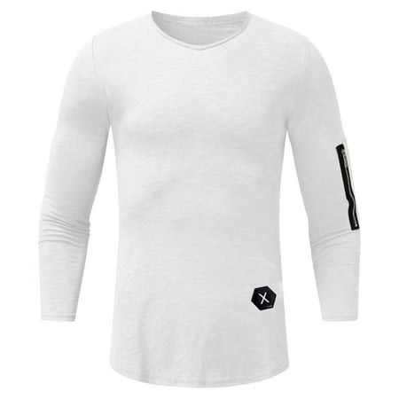 

【Tangnade】 White Men s Autumn/Winter Slub Cotton Arm Zipper With Label V-Neck Long-Sleeved Top L