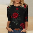 thumbnail image 1 of TaTaai Women's Valentine Rose Print 3/4 Sleeve Round Neck Loose T-Shirt, Valentine's Day Gift, Casual Daily Home Work Top Gift, 1 of 5