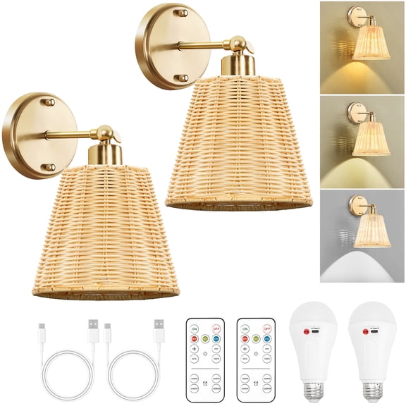 FRIDEKO HOME Battery Operated Wall Sconce Set of 2 with Remote, 3 Color temperature Dimmable, 4 Timer, 5200mAh Farmhouse Boho Wall Lights for Bedroom Living Room Entryway