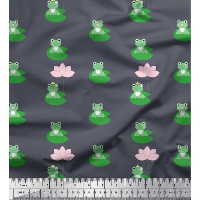 Soimoi Velvet Fabric Lotus & Frog Kids Print Sewing Fabric Yard 58 Inch Wide
