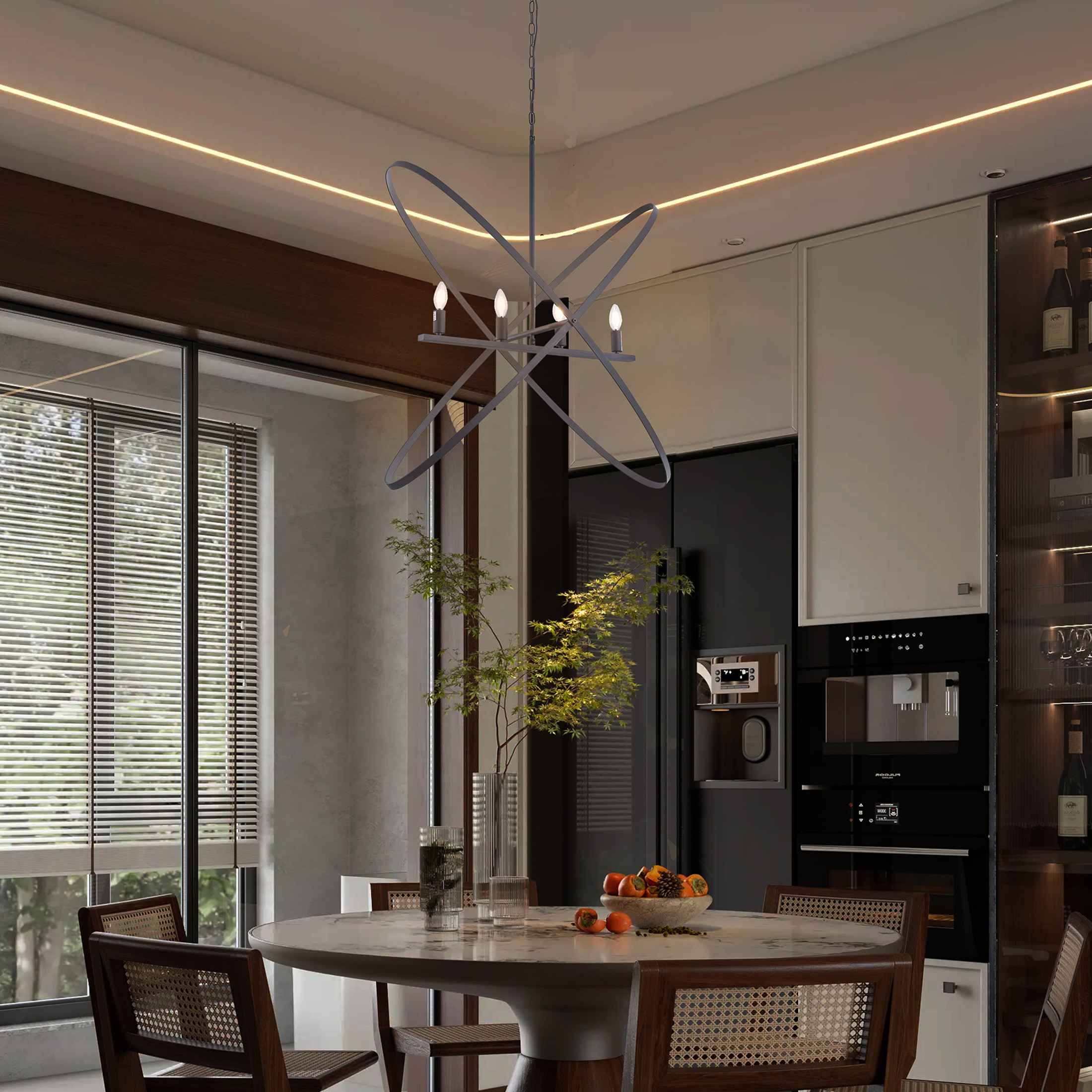 Noble House 29" Atom Pendant Light, E12 4-Light Orb with Brass Metal Bands, Modern LED Hanging Fixture, Matte Black