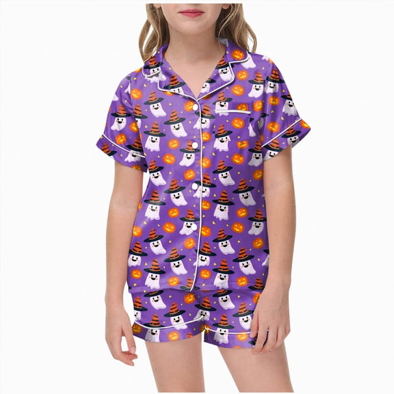 UAYOTSE Kids Home‑Wear Satin Pajama Outfit, Girls Button‑Up Collar Short‑Sleeve Top with Coordinating Shorts, Comfort‑Oriented Nightwear Set Size 8-9 Years