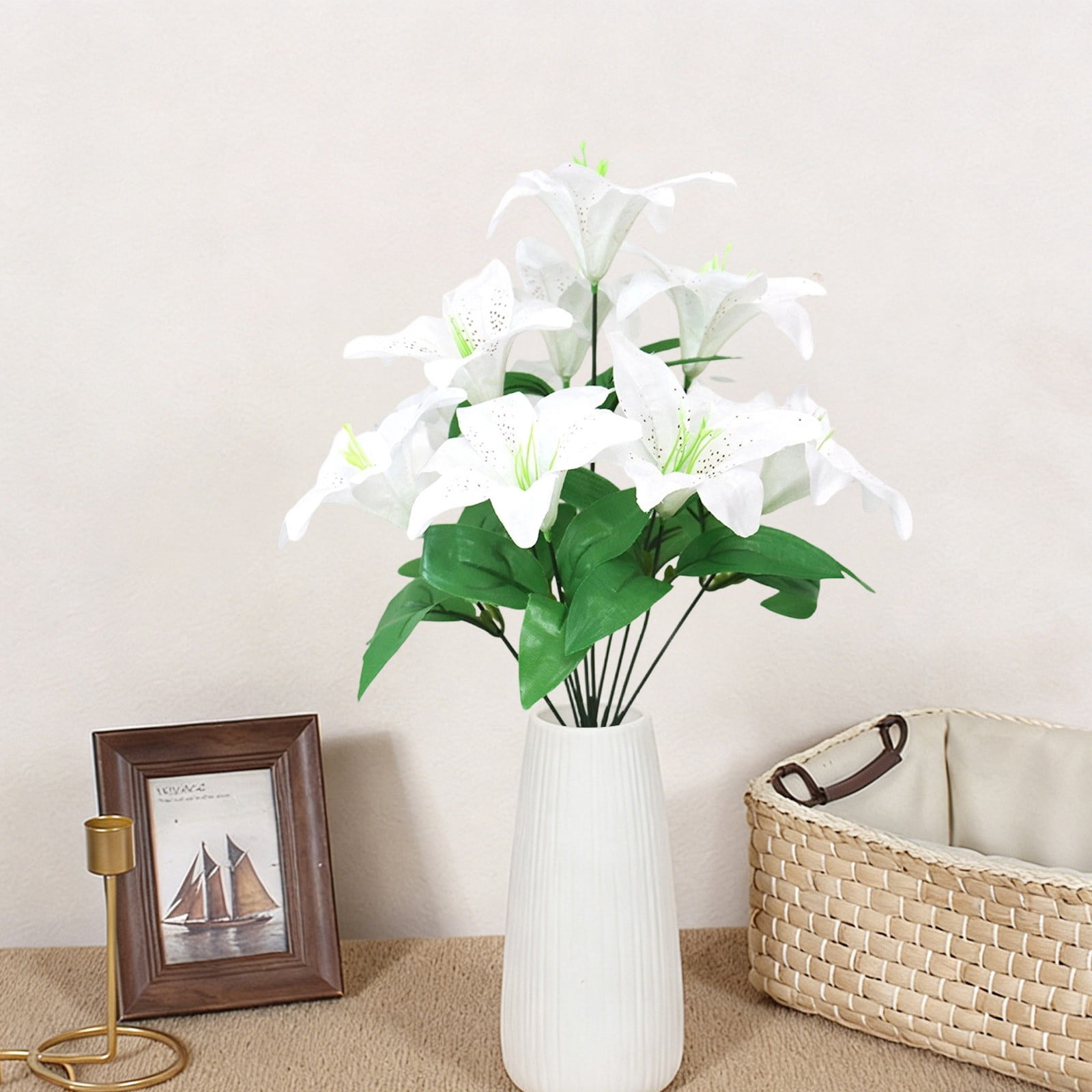 ERTZAE Shop Window Lily Display,Durable Artificial Lilies,Residential Home Floral,Indoor Decorative Lilies,Pink 10-Head Artificial Multi-Leaf Lily Bouquet 18Inch,Realistic Flower Stem for Vase Decor