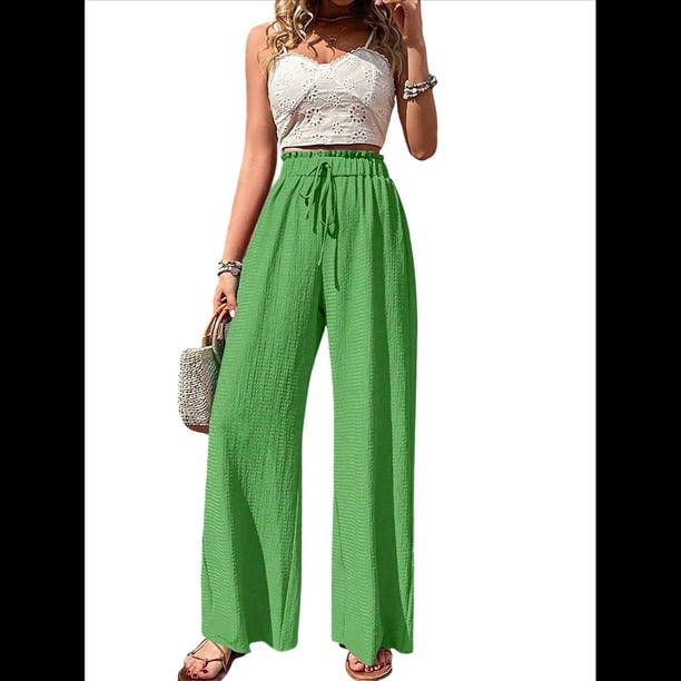 Pantalones de Salón de Pierna para Mujer, Cintura Alta, Ajustables, con Nudo de Lazo, Holgados. Verde S