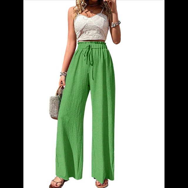 Pantalones de Salón de Pierna para Mujer, Cintura Alta, Ajustables, con Nudo de Lazo, Holgados. Verde M