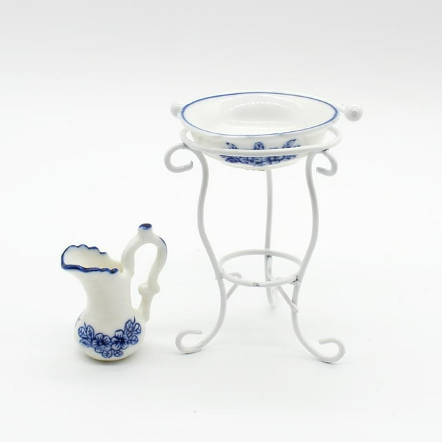 Estante de Metal para Lavabo de Maceta de Agua de Cerámica Floral Azul 1/12 perfke Mini conjunto de lavabo de pote de agua