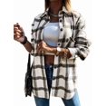 thumbnail image 3 of Women Flannel Shacket Plaid Button Down Long Sleeve Shirts Jacket Coats Fall Outfits Fashion Clothes White M, 3 of 8