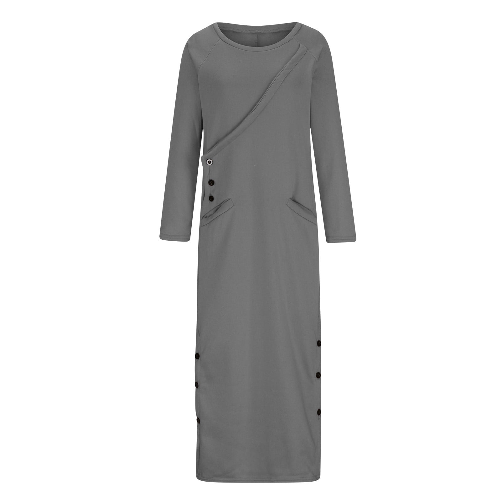 BLVB Womens Fall Maxi Sweatshirt Dress Long Sleeve Crewneck Side Slit Long Pullover Tops Casual Tunic Dress with Pockets