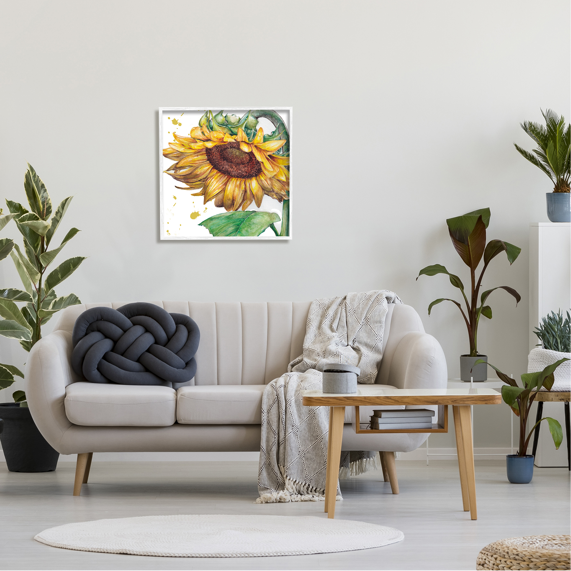 Stupell Industries Sunflower with Paint Splatter Botanical & Floral Painting White Framed Art Print Wall Art, 24 x 24