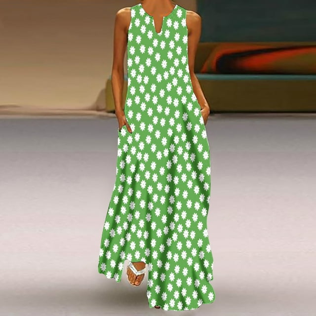 EQWLJWE Robes Midi pour Femmes Femmes Décontractées Amples Imprimées Robe Débardeur Plage Col en V avec Poche Robe d'Été Sans Manches Robes d'Été pour Femmes 2023