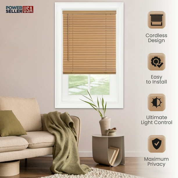 DEZ FURNISHINGS Cordless 2-Inch Faux Wood Blinds - 46.5W X 48H, Dark Oak, Inside/Outside Mount, Room Darkening