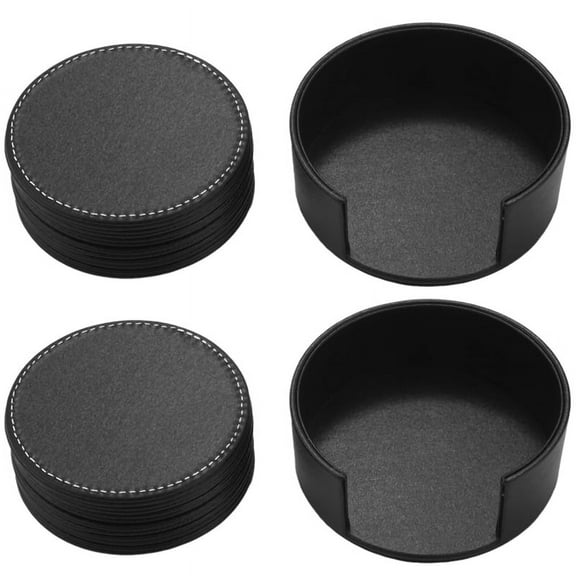 Set of 12 Leather Drink Coasters Round Cup Mat Pad for Use Black