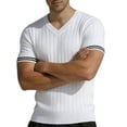 thumbnail image 5 of Men's V Neck Ribbed Knit Sweater, Breathable Striped Cuff Detail, Short Sleeve Knitwear for Business Casual Work and Smart Daily Wear, Sizes S-2XL White, 5 of 6