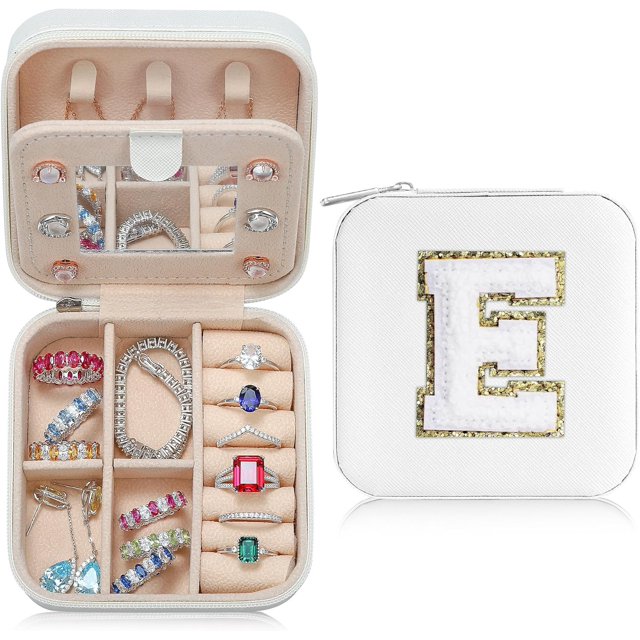 LAICAIW Small Jewelry Box for Girls, Travel Initial Jewelry Box for Girls | Small Jewelry Organizer Box | Travel Jewelry Case Jewelry Box Organizer | Mini Travel Jewelry Box-Initial E-White