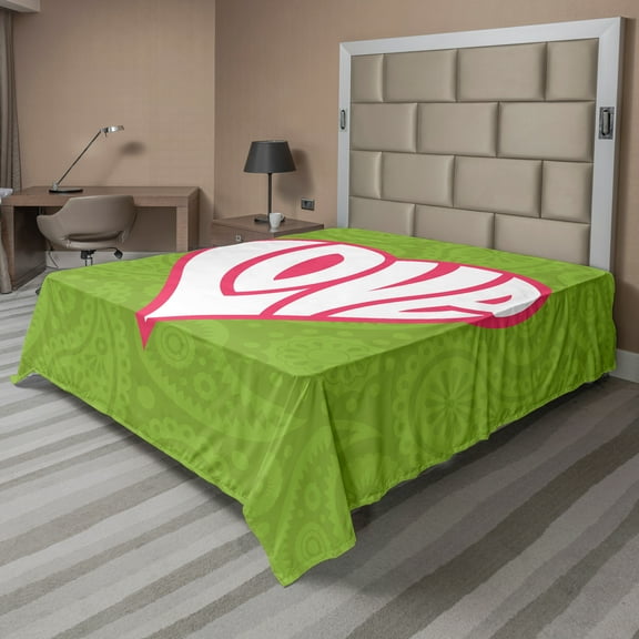 Ambesonne Retro Flat Sheet, Paisley Love Nutrient, Queen Size, Green White Pink