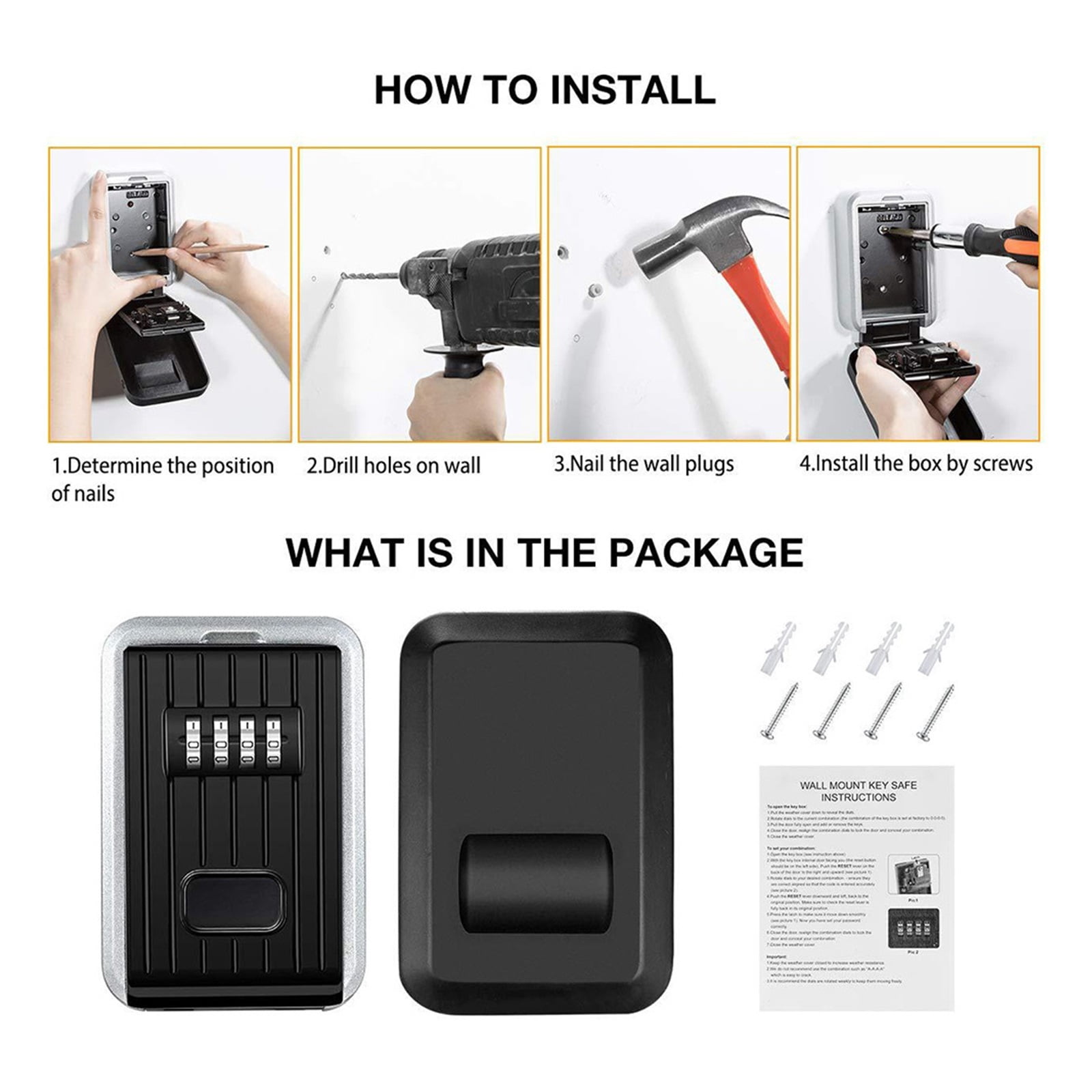 Key Safe Box Outdoor ,Waterproof Wall Mount Key Storage Secret Box Organizer 4 Digit Password Security Lock No Key Home Office Safe Box ,Portable Security Chest