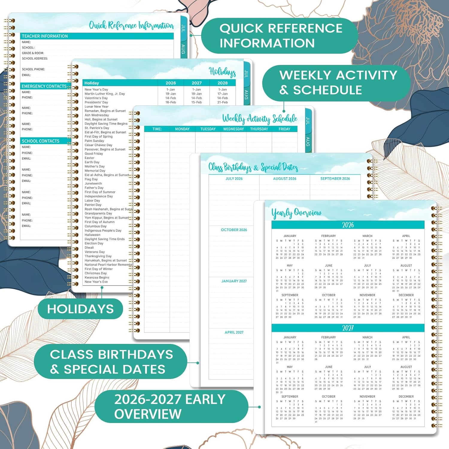 Teacher Lesson Planner July 2026 To June 2027, 11" X 8.3" Weekly And Monthly Planner Book With Floral Design For Classroom Organization