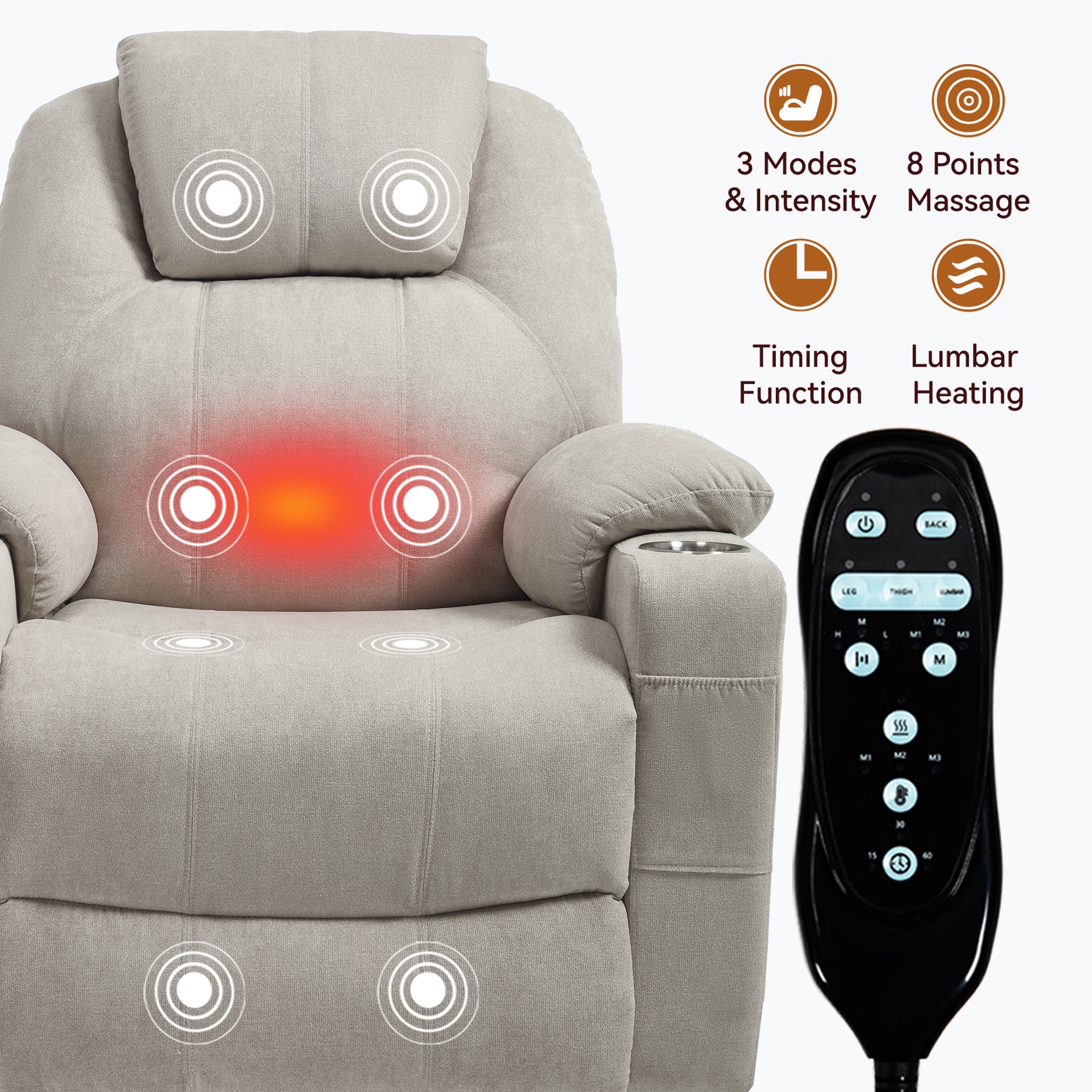 Chenille Power Lift Recliner Chair for Seniors, Heavy Duty 350 lbs Capacity with 8-Point Massage & Lumbar Heat, USB Type-A/C Ports, Stainless Steel Cup Holders, Living Room Comfort