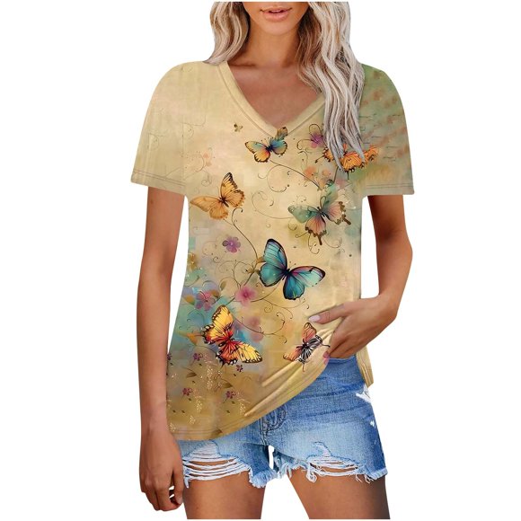Tnhcen Blouses d'Été pour Femmes Col en V Imprimé Coupe Ample / Polyester Spandex Mélange Hauts de Vacances P-2TG / Vêtements de Maison Décontractés Essentiels