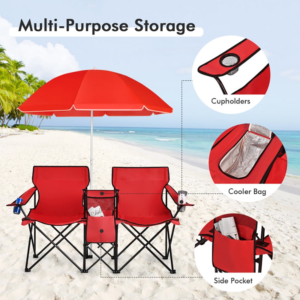 Aimee Lii Portable Folding Picnic Double Chair With Umbrella, Outdoor Beach Chair with Umbrella, Red Aimee Lii Portable Folding Picnic Double Chair With Umbrella, Outdoor Beach Chair with Umbrella, Red
