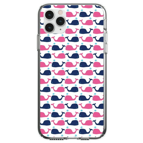 DistinctInk Clear Shockproof Hybrid Case for iPhone 12 MINI (5.4" Screen) - TPU Bumper, Acrylic Back, Tempered Glass Screen Protector - Pink Navy Cartoon Whales - Cartoon Whales