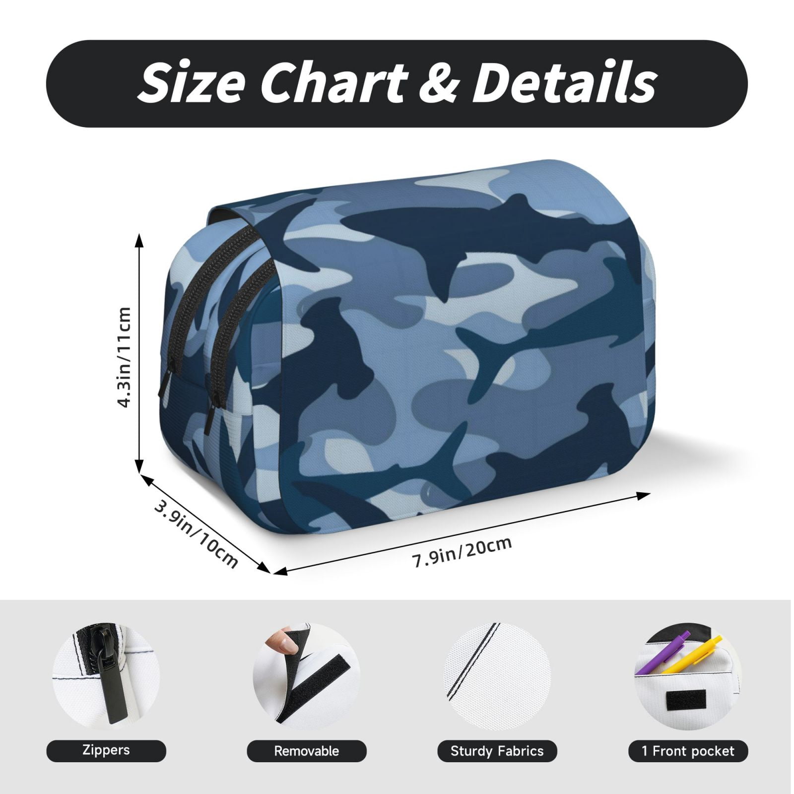 Large-Capacity Flip-Top Double-Layer Pencil Case, Multi-Functional Pocket Pen Case, Durable Stationery Organizer Camouflage-Patterned Shark