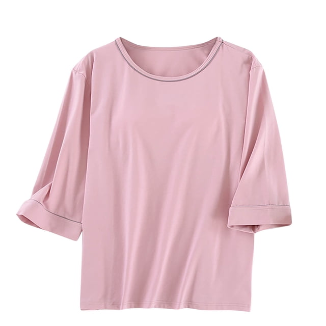 AherBiu Hauts de Pyjama pour Femmes avec Soutien-Gorge Intégré Confortables et Doux Vêtements de Nuit Manches 3/4 T-Shirts de Pyjama Amples Chemises