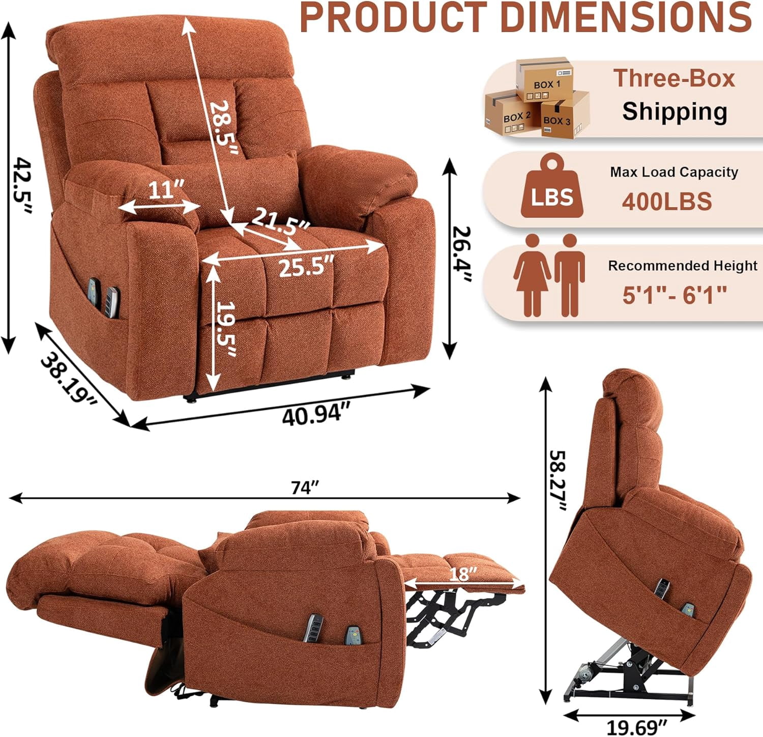 Oversized Power Lift Recliner for Elderly 25.5in Extra Wide Recliner 4-Motor Massage and Heat 400 BLS Oversized Recliner Chair with Hidden Cup Holders and Side Pockets