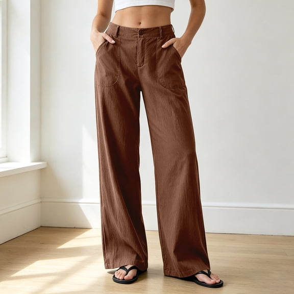 Womens Wide Leg Linen Pants Summer Beach High Waisted Cropped Flowy Pants Dressy Casual Beach Pants with Pockets(Coffee,XL)
