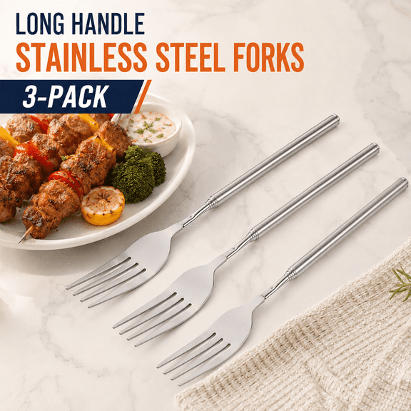 VALUNE 3 Pcs Stainless Steel Telescopic Extendable Fork, 8.7-25.4 Inch Adjustable Length BBQ Cutlery, Long Handle Utensil for Fruit, Dessert and Prank Use