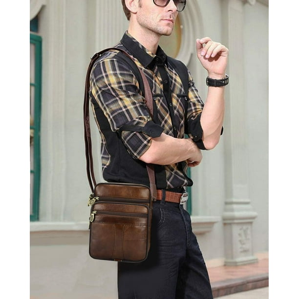 SHAR Men s Crossbody Bag Genuine Leather Small Brown Men s Crossbody Bag Shoulder Bag Vintage Business Bags Crossbody Backpacks Multifunctional
