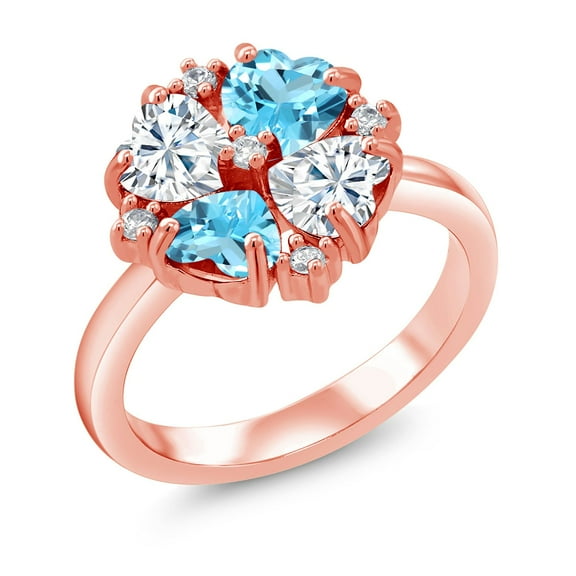 Gem Stone King 18K Rose Gold Plated Silver Moissanite and Swiss Blue Topaz Ring for Women (2.18 Cttw, Heart Shape 5MM, Gemstone Birthstone, Size 6)